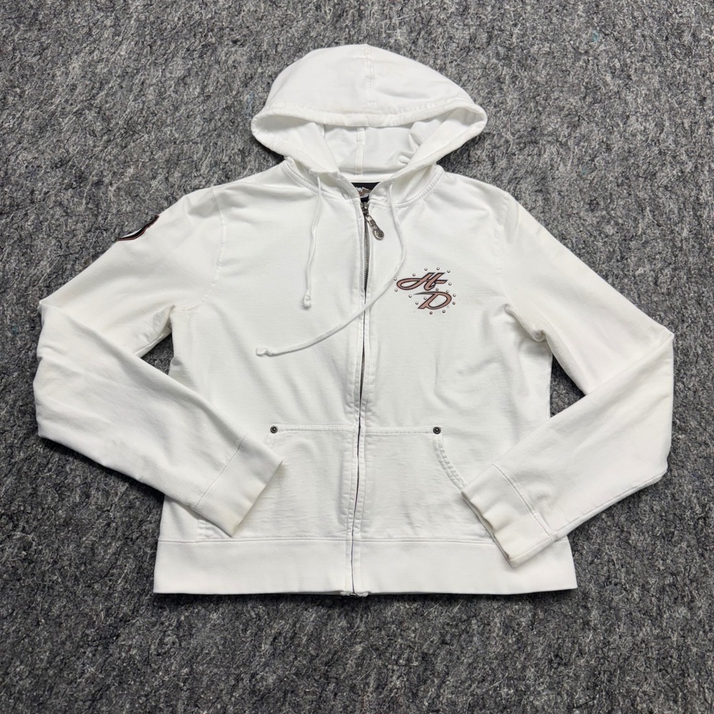 Harley-Davidson 105th Anniversary White Zip‎ Up Hoodie Womens Large Studded 2008